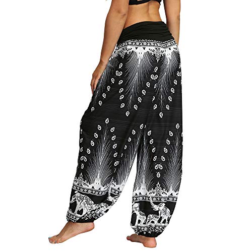 Nuofengkudu Mujeres Hippies Pantalones Largos Cintura Alta Boho Flores Impreso Suelto Yoga Pants Verano Playa Fiesta Tailandeses Harem Pantalón (Negro B,S)