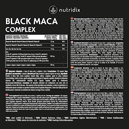 Nutridix Maca Negra Andina 1.200 mg por Dosis - Extracto Equivalente a 24.000 mg de Maca Planta concentrada 20:1 con L-Arginina, Vitamina B6, B12 y Zinc - 120 Cápsulas