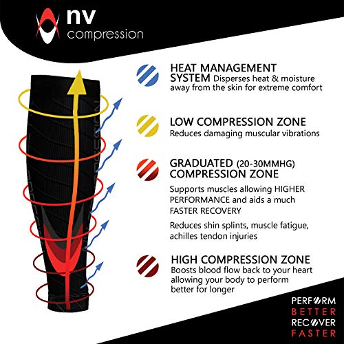NV Compression Race and Recover Calentadores de Pantorrilla de compresión Negros - Calf Sleeves - Black - For Sports Recovery, Work, Flight - Running, Cycling (Blk/Red, S-M)