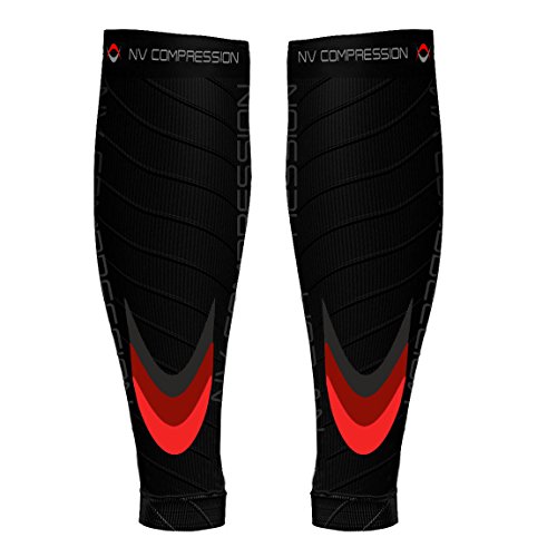 NV Compression Race and Recover Calentadores de Pantorrilla de compresión Negros - Calf Sleeves - Black - For Sports Recovery, Work, Flight - Running, Cycling (Blk/Red, S-M)