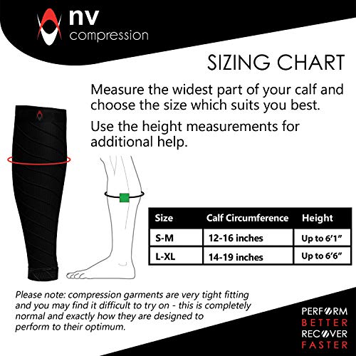 NV Compression Race and Recover Calentadores de Pantorrilla de compresión Negros - Calf Sleeves - Black - For Sports Recovery, Work, Flight - Running, Cycling (Blk/Red, S-M)