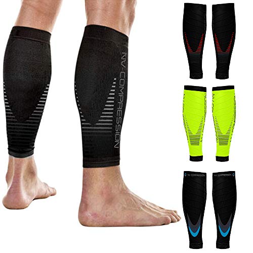 NV Compression Race and Recover Calentadores de Pantorrilla de compresión Negros - Calf Sleeves - Black - For Sports Recovery, Work, Flight - Running, Cycling (Blk/Red, S-M)