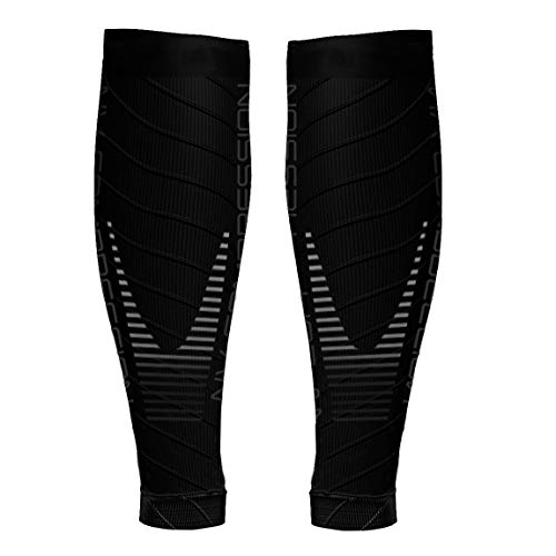 NV Compression Race and Recover Calentadores de Pantorrilla de compresión Negros - Compression Calf Sleeves - Sports Recovery, Work, Flight - Running, Cycling, Gym (Black/Grey Stripes, L-XL)