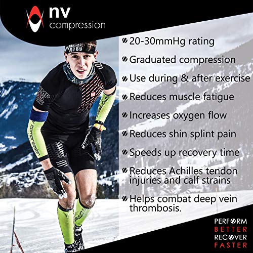 NV Compression Race and Recover Calentadores de Pantorrilla de compresión Negros - Compression Calf Sleeves - Sports Recovery, Work, Flight - Running, Cycling, Gym (Black/Grey Stripes, L-XL)