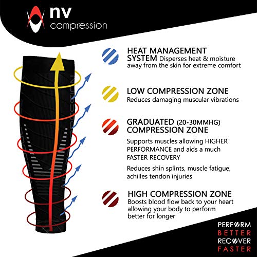 NV Compression Race and Recover Calentadores de Pantorrilla de compresión Negros - Compression Calf Sleeves - Sports Recovery, Work, Flight - Running, Cycling, Gym (Black/Grey Stripes, L-XL)