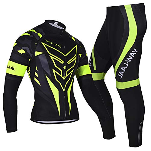 N/V D.Stil - Conjunto de ropa de ciclismo para hombre, manga larga, forro polar con pantalones acolchados 3D, para bicicleta de montaña M-3XL (negro/verde, M)