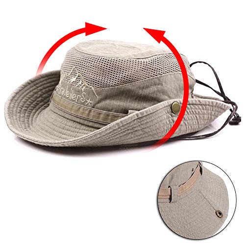 Obling Sombrero Sol algodón protección UV,Sombrero Verano,Sombrero Playa,Sombrero Safari Boonie,Sombrero Pesca Plegable con Malla Transpirable Correa Ajustable para Barbilla- Hombres Mujeres(Caqui)