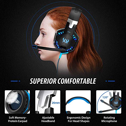 OCDAY Auriculares Gaming Estéreo con Microfono para PS4 PC Xbox One, Cascos Gaming Professional con Bass Surround para Nintendo Switch Gamer, Diadema Acolchada y Ajustable(Tiene un Adaptador Cable)