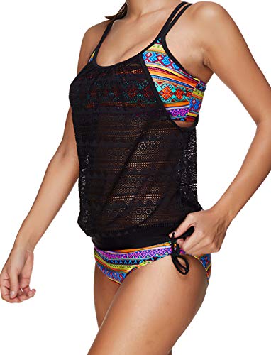 Ocean Plus Mujer Tankini de Malla Acolchada y Colorida con Calzoncillos Bikini Conjunto de Rayas Traje de Baño de Dos Piezas Ropa de Playa (XXL (EU 42-44), Amarillo)