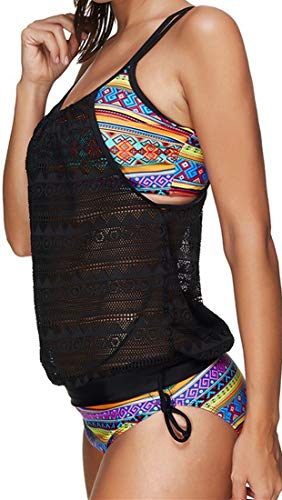 Ocean Plus Mujer Tankini de Malla Acolchada y Colorida con Calzoncillos Bikini Conjunto de Rayas Traje de Baño de Dos Piezas Ropa de Playa (XXL (EU 42-44), Amarillo)