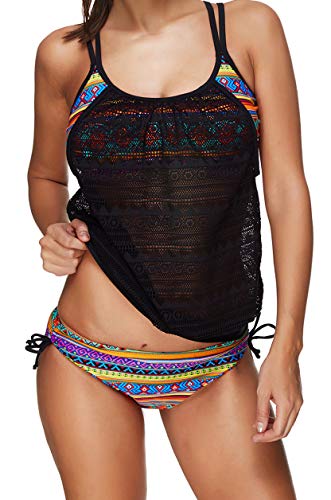 Ocean Plus Mujer Tankini de Malla Acolchada y Colorida con Calzoncillos Bikini Conjunto de Rayas Traje de Baño de Dos Piezas Ropa de Playa (XXL (EU 42-44), Amarillo)