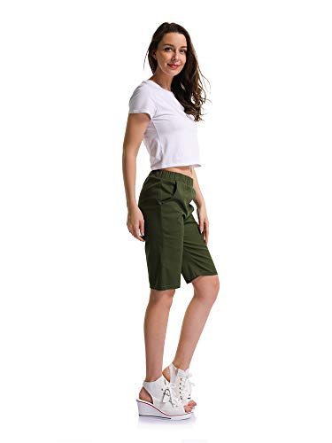 OCHENTA Mujeres Casual Elástica Cintura Rodilla Bermudas Pantalones Cortos Ejercito Verde ES 2XL