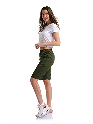 OCHENTA Mujeres Casual Elástica Cintura Rodilla Bermudas Pantalones Cortos Ejercito Verde ES 2XL