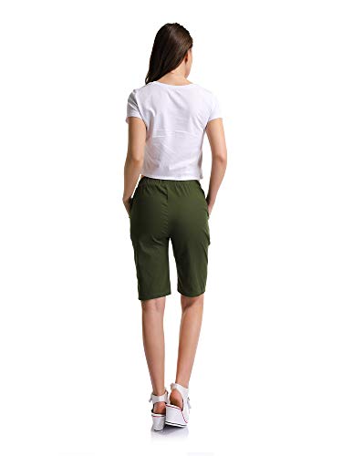 OCHENTA Mujeres Casual Elástica Cintura Rodilla Bermudas Pantalones Cortos Ejercito Verde ES 2XL