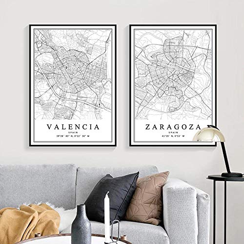 OCRTN Mapa de la Ciudad de España Barcelona Madrid Málaga Sevilla Valencia Zaragoza Carteles Pinturas en Lienzo Arte de la Pared Impresiones Decoración Interior del hogar - 40x60cmx3 Sin Marco