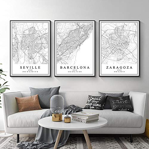 OCRTN Mapa de la Ciudad de España Barcelona Madrid Málaga Sevilla Valencia Zaragoza Carteles Pinturas en Lienzo Arte de la Pared Impresiones Decoración Interior del hogar - 40x60cmx3 Sin Marco