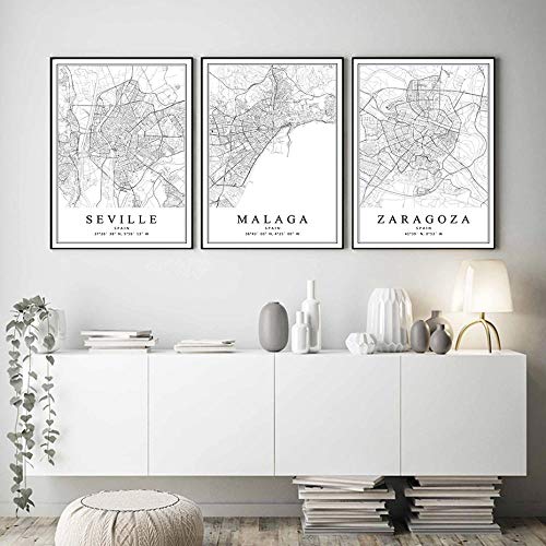 OCRTN Mapa de la Ciudad de España Barcelona Madrid Málaga Sevilla Valencia Zaragoza Carteles Pinturas en Lienzo Arte de la Pared Impresiones Decoración Interior del hogar - 40x60cmx3 Sin Marco