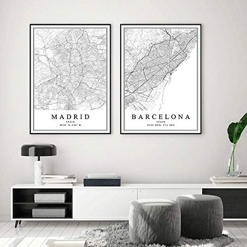 OCRTN Mapa de la Ciudad de España Barcelona Madrid Málaga Sevilla Valencia Zaragoza Carteles Pinturas en Lienzo Arte de la Pared Impresiones Decoración Interior del hogar - 40x60cmx3 Sin Marco