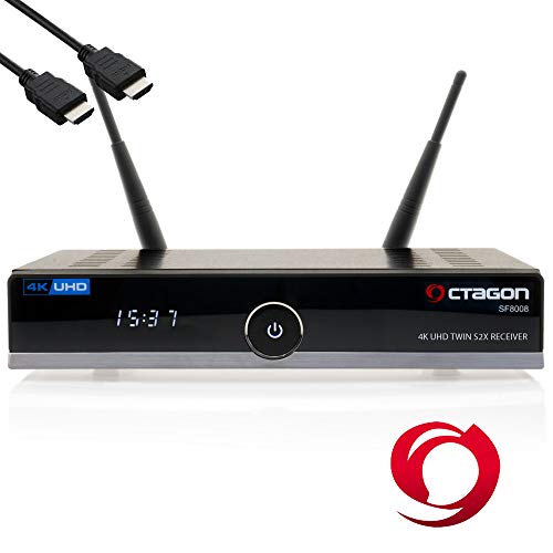 OCTAGON SF8008 4K UHD HDR Twin Sat - Receptor de disco duro (2 x DVB-S2X Multistream, E2 Linux, IPTV, Smart TV Box, Media Server, PVR con función de grabación, incluye cable HDMI y Dual WiFi)
