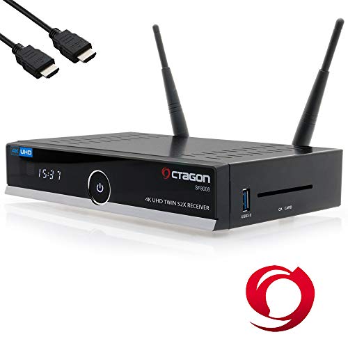 OCTAGON SF8008 4K UHD HDR Twin Sat - Receptor de disco duro (2 x DVB-S2X Multistream, E2 Linux, IPTV, Smart TV Box, Media Server, PVR con función de grabación, incluye cable HDMI y Dual WiFi)