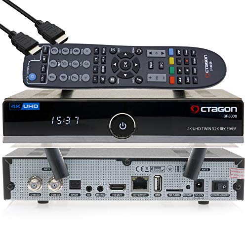 OCTAGON SF8008 4K UHD HDR Twin Sat - Receptor de disco duro (2 x DVB-S2X Multistream, E2 Linux, IPTV, Smart TV Box, Media Server, PVR con función de grabación, incluye cable HDMI y Dual WiFi)
