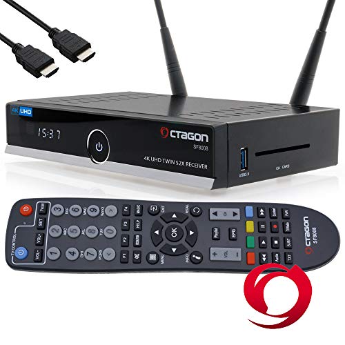 OCTAGON SF8008 4K UHD HDR Twin Sat - Receptor de disco duro (2 x DVB-S2X Multistream, E2 Linux, IPTV, Smart TV Box, Media Server, PVR con función de grabación, incluye cable HDMI y Dual WiFi)