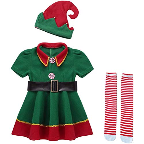 Odziezet Adulto Niño Niña Disfraz Conjunto Duende Verde Traje Falda Navidad Cosplay Halloween 5PC