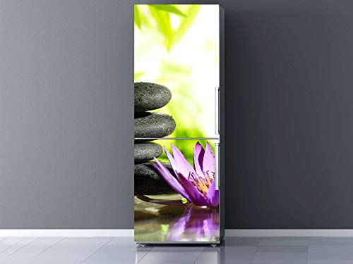 Oedim Vinilo para Frigorífico Piedras Negras y Flor de Loto Zen 185x60cm | Adhesivo Resistente y Económico | Pegatina Adhesiva Decorativa de Diseño Elegante