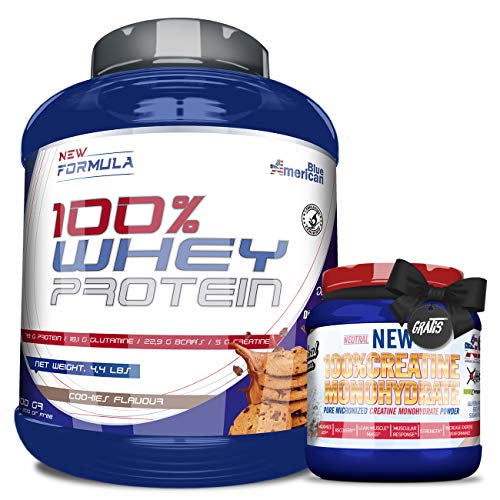 OFERTA, Whey Protein, Proteína en polvo + 300GR CREATINA O PRE-ENTRENO GRATIS - REGALO, Suplementos deportivos, American Blue - 2kg (COOKIES)