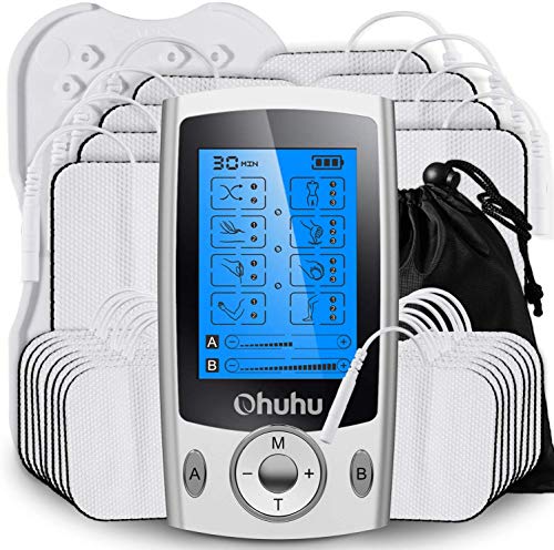 Ohuhu Electroestimulador Digital Masaje EMS TENS Portatil, 20 Modos 24 Pads 2 Canales Estimulador Muscular Recargable Masajeador Electro para Alivio del Dolor de Cervical Piernas Abdominal Espalda