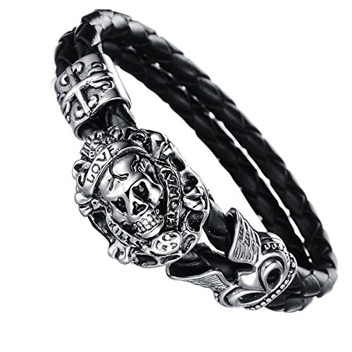 OIDEA Pulsera Hombre Calavera Acero Inoxidable con Cuero Brazalete Dominantes Rock Punk Joya de Moda Buen Regalo para Estudientes Empezando la Escuela