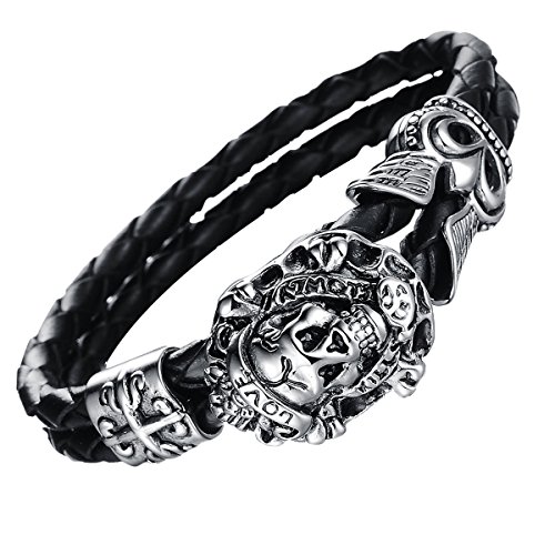 OIDEA Pulsera Hombre Calavera Acero Inoxidable con Cuero Brazalete Dominantes Rock Punk Joya de Moda Buen Regalo para Estudientes Empezando la Escuela