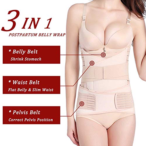 OKPOW 3 en 1 Faja Postparto, Recuperacion Postparto Banda de La Envoltura de Recuperación, Cinturón cómoda de Pelvis para Mujer,Beige