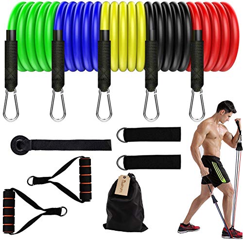 OldPAPA Bandas de Resistencia, 11 Piezas Bandas Elásticas Fitness con Ancla de Puerta, Manijas y Correas de Tobillo para Piernas para Entrenamiento de Resistencia, Entrenamiento en el Hogar, Yoga