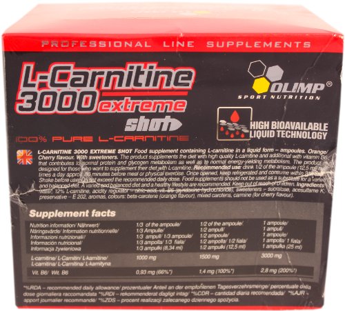 OLIMP SPORT NUTRITION Ampollas L-Carnitine 3000 Extreme Shot con Sabor Cereza - Paquete de 20 x 25 ml - Total: 500 ml