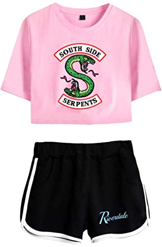 OLIPHEE Camisa de Riverdale Impresa Serpiente con Pantalones Cortos de Verano para Mujer DIYLOGOfehe-S-3