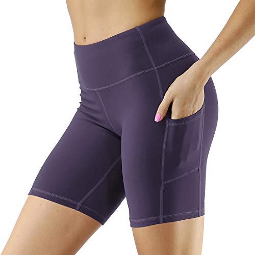 OLIPHEE Cintura Alta Shorts Deportivos de Yoga Pantalones Cortos Deportivos para Mujer con Bolsillos Laterales ZIL-1