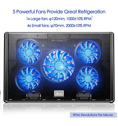 Olliwon Base de Refrigeración para Ordenador Portátil,5 Ventiladores Ultrasilenciosos con LED, Velocidad Ajustable, hasta 17.3 Pulgadas con 2 Puertos USB Olliwon Base de Refrigeración para Ordenador Portátil,5 Ventiladores Ultrasilenciosos con LED, Velocidad Ajustable, hasta 17.3 Pulgadas con 2 Puertos USB