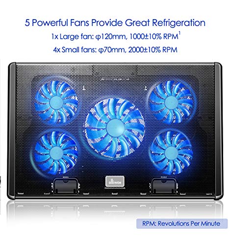 Olliwon Base de Refrigeración para Ordenador Portátil,5 Ventiladores Ultrasilenciosos con LED, Velocidad Ajustable, hasta 17.3 Pulgadas con 2 Puertos USB