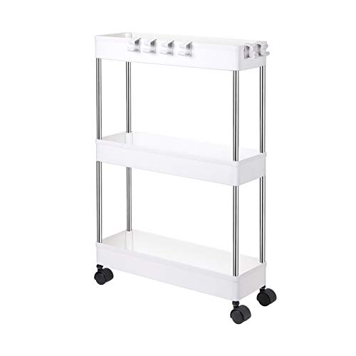 Olliwon Carritos Auxiliares para Cocina y Baño, 3 Alturas con Ruedas, Ideal como Almacenaje Adicional para Cocina, Vestíbulo, Dormitorio o Oficina - Blanco