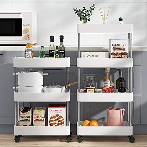 Olliwon Carritos Auxiliares para Cocina y Baño, 3 Alturas con Ruedas, Ideal como Almacenaje Adicional para Cocina, Vestíbulo, Dormitorio o Oficina - Blanco