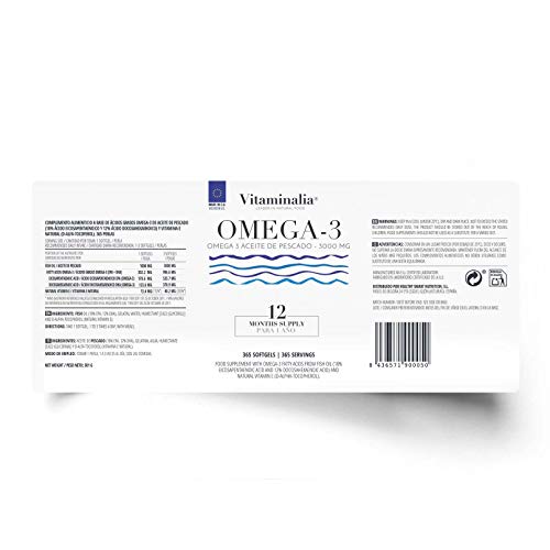 Omega 3 1000mg de Vitaminalia | Suministro Anual | Aceite de Pescado Omega 3 sin gluten | Ácidos Grasos Omega 3 18% EPA + 12% DHA | Sin OMG, Sin Lactosa | 365 Perlas