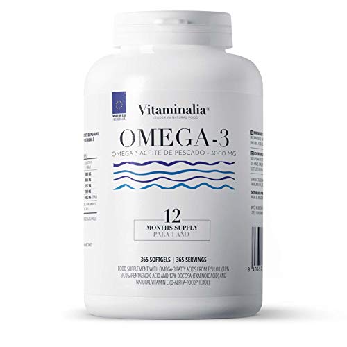 Omega 3 1000mg de Vitaminalia | Suministro Anual | Aceite de Pescado Omega 3 sin gluten | Ácidos Grasos Omega 3 18% EPA + 12% DHA | Sin OMG, Sin Lactosa | 365 Perlas