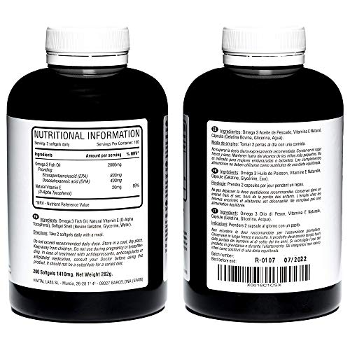 Omega 3 2000 mg | 200 cápsulas para más de 3 meses | Con 800 mg EPA, 400 mg DHA y Vitamina E Natural | El único con Aceite de Pescado Español que contribuye a la salud cardíaca, cerebral y ocular