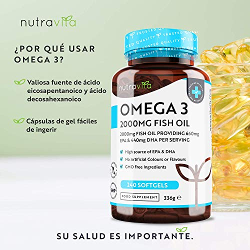 Omega 3 (2000 mg) - 660 mg de EPA y 440 mg de DHA - 240 Capsulas de Gel Suave de Aceite de Pescado Puro (Suministro para 4 meses) - Hecho en el Reino Unido por Nutravita Omega 3 (2000 mg) - 660 mg de EPA y 440 mg de DHA - 240 Capsulas de Gel Suave de Aceite de Pescado Puro (Suministro para 4 meses) - Hecho en el Reino Unido por Nutravita