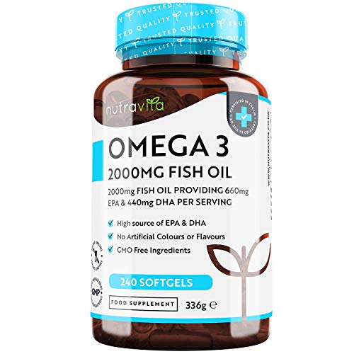 Omega 3 (2000 mg) - 660 mg de EPA y 440 mg de DHA - 240 Capsulas de Gel Suave de Aceite de Pescado Puro (Suministro para 4 meses) - Hecho en el Reino Unido por Nutravita Omega 3 (2000 mg) - 660 mg de EPA y 440 mg de DHA - 240 Capsulas de Gel Suave de Aceite de Pescado Puro (Suministro para 4 meses) - Hecho en el Reino Unido por Nutravita
