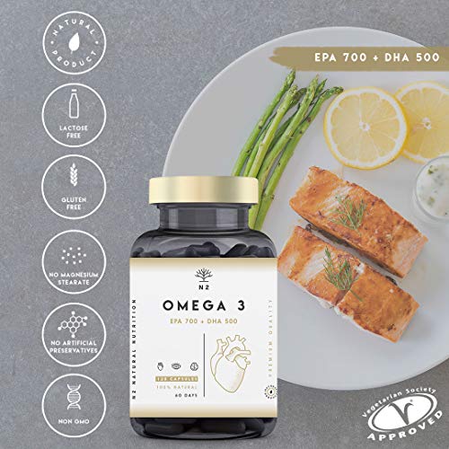 Omega 3 2000mg, 700mg EPA, 500mg DHA. Aceite de Pescado, Vitamina E. Regula el Colesterol, Favorece la Vista, Corazón y Cerebro Saludables. Libre de Metales Pesados.120 Cápsulas. N2 Natural Nutrition