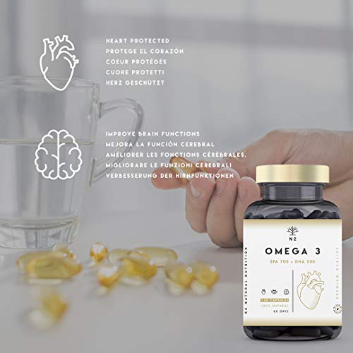 Omega 3 2000mg, 700mg EPA, 500mg DHA. Aceite de Pescado, Vitamina E. Regula el Colesterol, Favorece la Vista, Corazón y Cerebro Saludables. Libre de Metales Pesados.120 Cápsulas. N2 Natural Nutrition