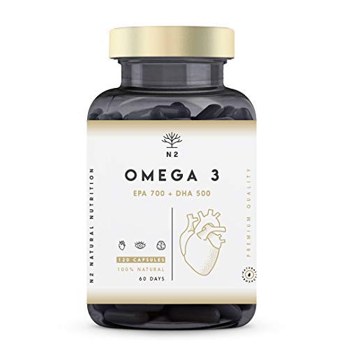 Omega 3 2000mg, 700mg EPA, 500mg DHA. Aceite de Pescado, Vitamina E. Regula el Colesterol, Favorece la Vista, Corazón y Cerebro Saludables. Libre de Metales Pesados.120 Cápsulas. N2 Natural Nutrition Omega 3 2000mg, 700mg EPA, 500mg DHA. Aceite de Pescado, Vitamina E. Regula el Colesterol, Favorece la Vista, Corazón y Cerebro Saludables. Libre de Metales Pesados.120 Cápsulas. N2 Natural Nutrition