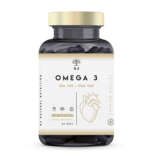 Omega 3 2000mg, 700mg EPA, 500mg DHA. Aceite de Pescado, Vitamina E. Regula el Colesterol, Favorece la Vista, Corazón y Cerebro Saludables. Libre de Metales Pesados.120 Cápsulas. N2 Natural Nutrition